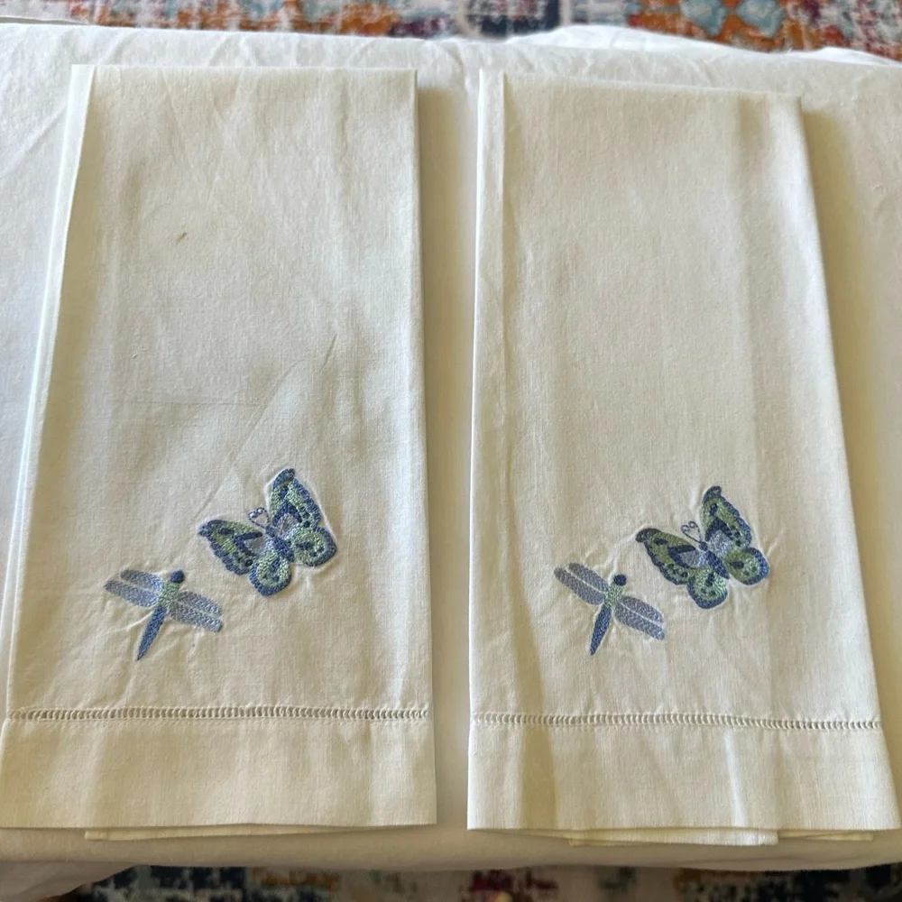 Two White w/ Blue & Green Dragonfly & Butterfly Embroidered Cotton Hand Towels.
